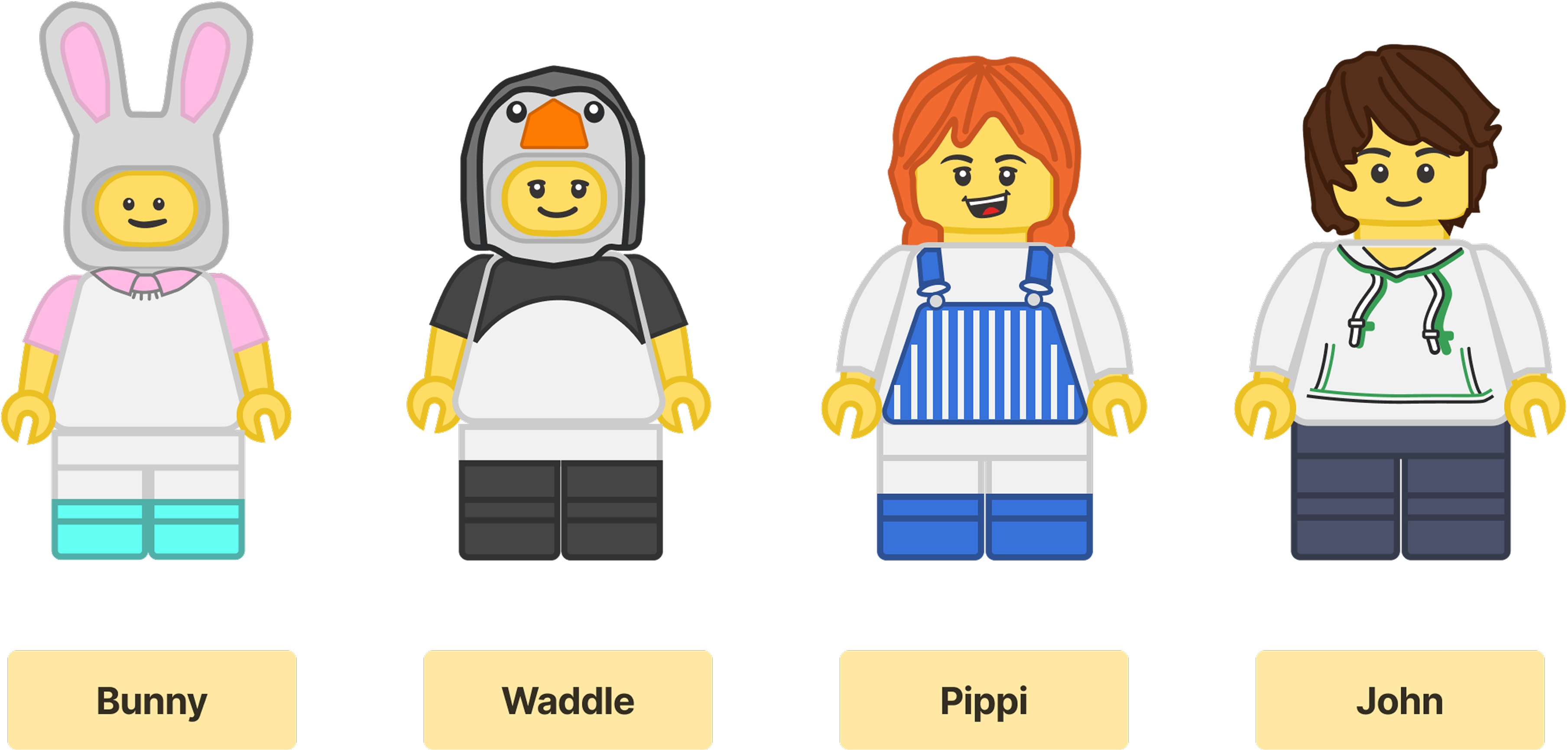 LEGO characters — Bunny, Waddle, Pippi, and John